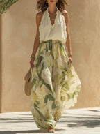 Camille | Chiffon Ruffled Sleeveless Top & Lily-Print Pants Set