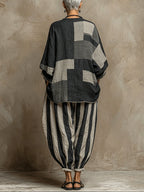 Imani | Long-Sleeve Color-Block Top & Elastic-Waist Pants Set