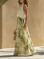 Camille | Chiffon Ruffled Sleeveless Top & Lily-Print Pants Set