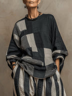 Imani | Long-Sleeve Color-Block Top & Elastic-Waist Pants Set