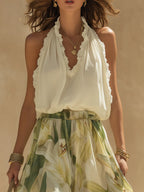 Camille | Chiffon Ruffled Sleeveless Top & Lily-Print Pants Set