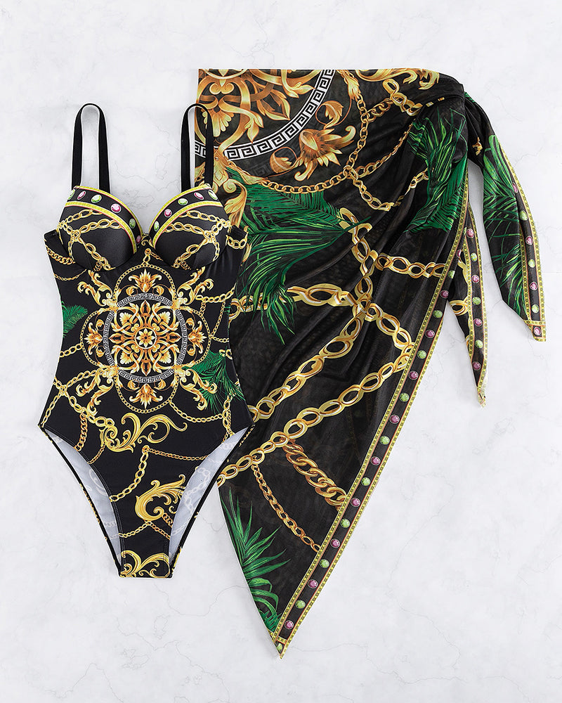Darius - One-piece swimsuit with push-up effect and matching beach skirt
