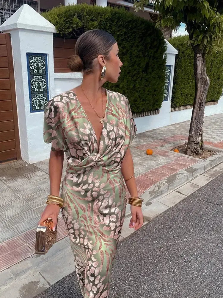 Higinia™ | Tummy Flattering Midi Dress Printed in Copper Tones