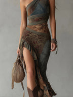 Marianna™ | Asymmetrical long dress with ethnic print and side slit