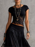 Maya | Lace-Paneled Top & Pleated Chiffon Maxi Skirt